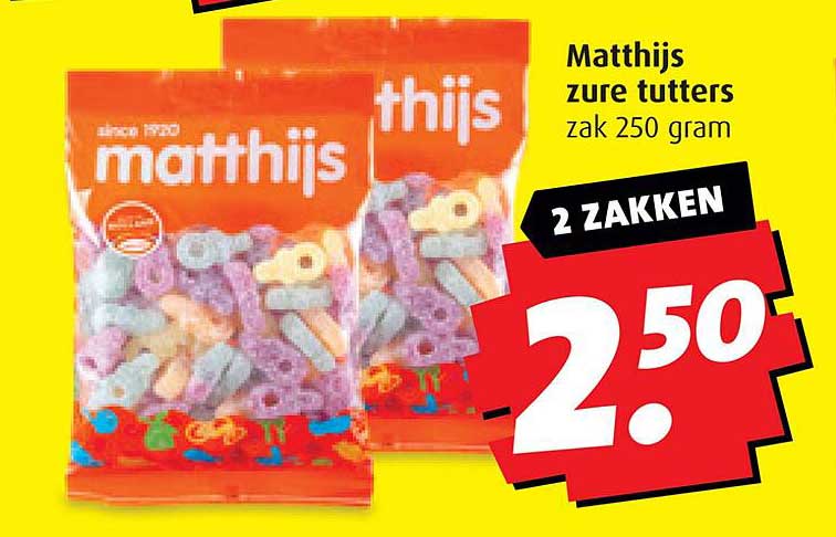 Matthijs zure tutters zak 250 gram