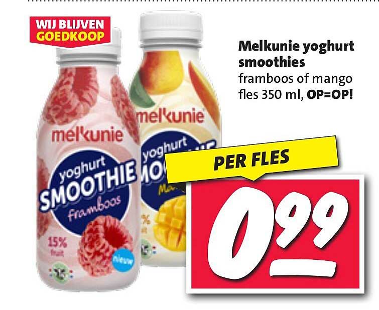 Melkunie yoghurt smoothie's framboos of mango fles 350 ml, OP=OP!