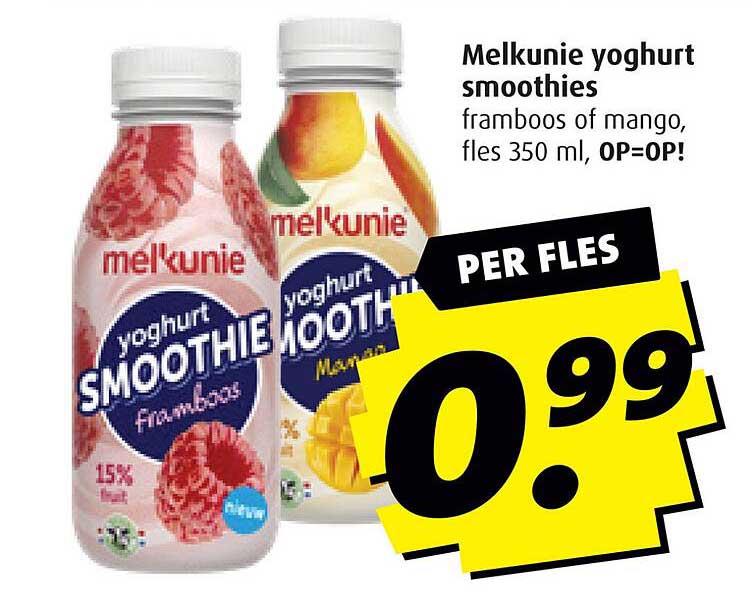 Melkunie yoghurt smoothie's framboos of mango, fles 350 ml, OP=OP!