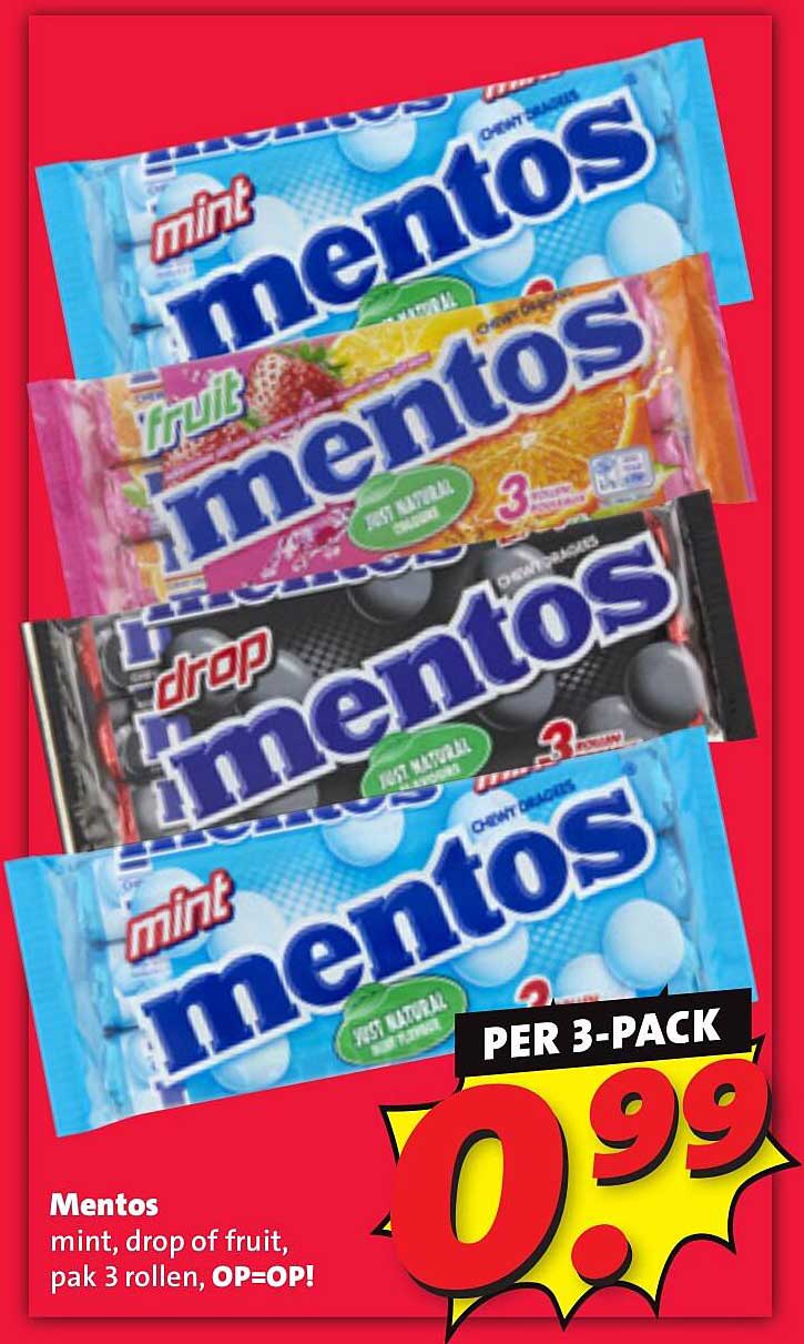 Mentos mint, drop of fruit, pak 3 rollen, OP=OP!