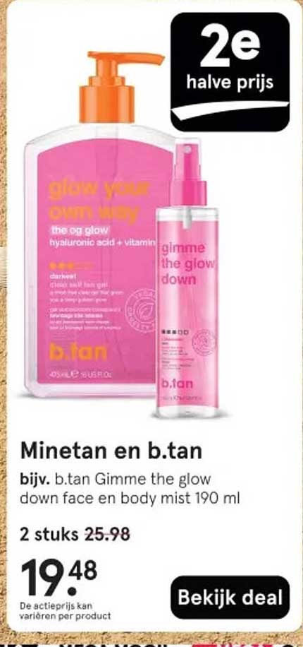 Minetan en b.tan bijv. b.tan Gimme the glow down face en body mist 190 ml
