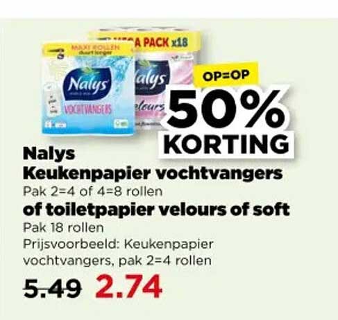 Nalys Keukenpapier vochtigvangers Pak 2=4 of 4=8 rollen of toiletpapier velours of soft Pak 18 rollen