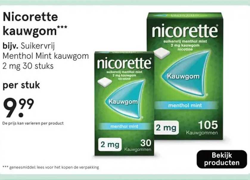 Nicorette kauwgom*** bijv. Suikervrij Menthol Mint kauwgom 2 mg 30 stuks