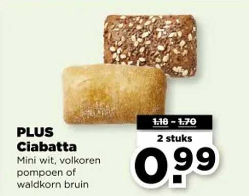 PLUS Ciabatta Mini wit, volkoren pompoen of waldkorn bruin