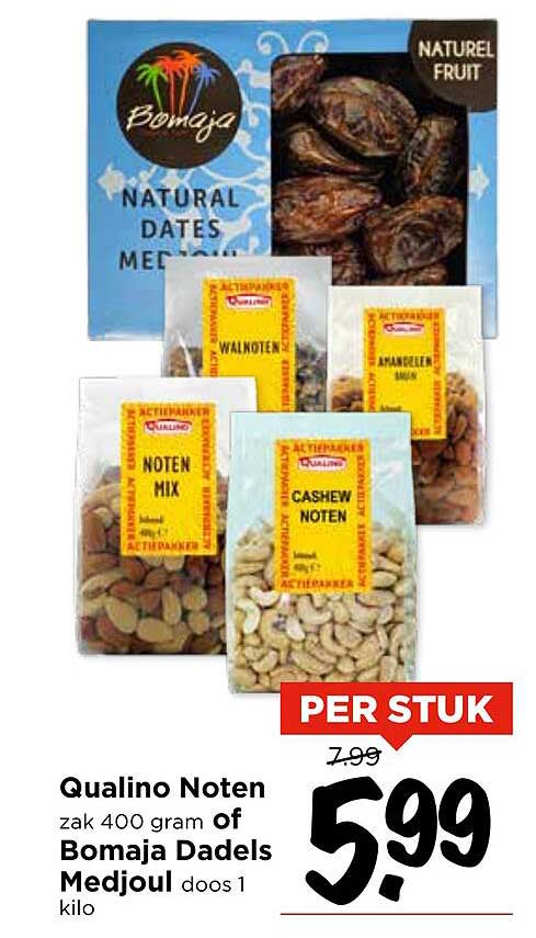 Qualino Noten zak 400 gram of Bomaja Dadels Medjoul doos 1 kilo