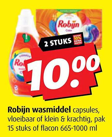 Robijn wasmiddel capsules, vloeibaar of klein & krachtig, pak 15 stuks of flacon 665-1000 ml