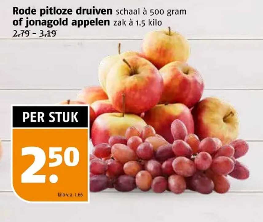 Rode pitloze druiven schaal à 500 gram of jonagold appels zak à 1.5 kilo