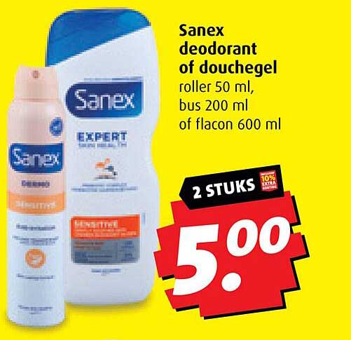 Sanex deodorant of douchegel roller 50 ml, bus 200 ml of flacon 600 ml
