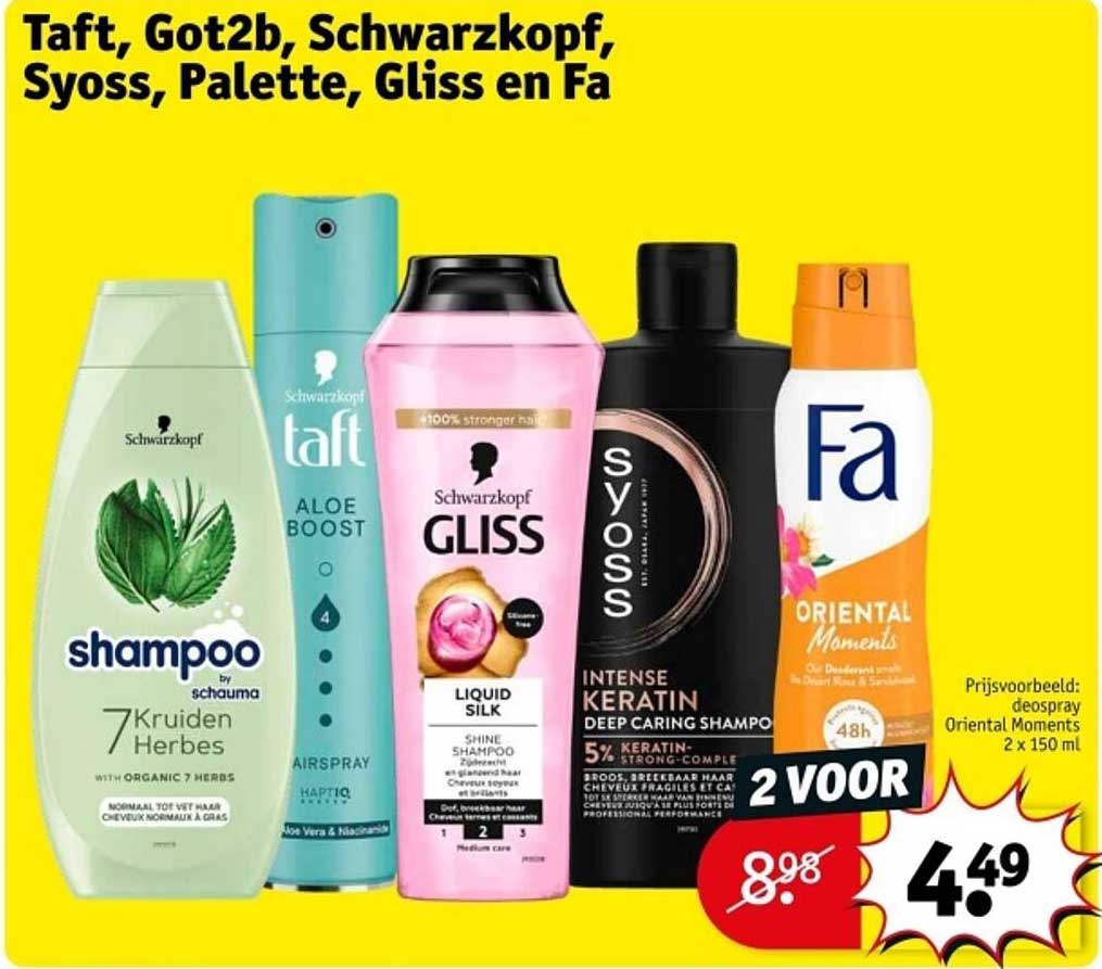 Taft, Got2b, Schwarzkopf, Syoss, Palette, Gliss en Fa