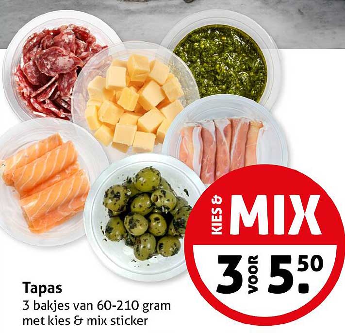 Tapas 3 bakjes van 60-210 gram met kies & mix sticker