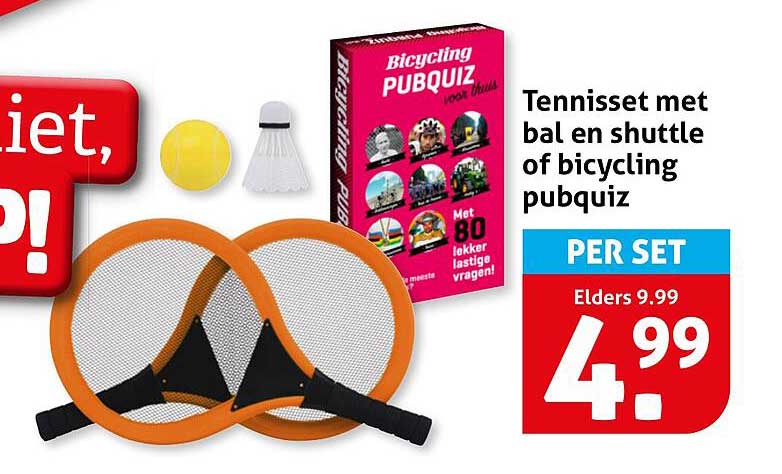 Tennisset met bal en shuttle of bicycling pubquiz