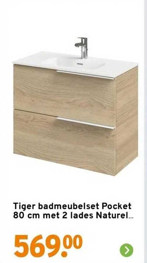 Tiger badmeubelset Pocket 80 cm met 2 lades Naturel