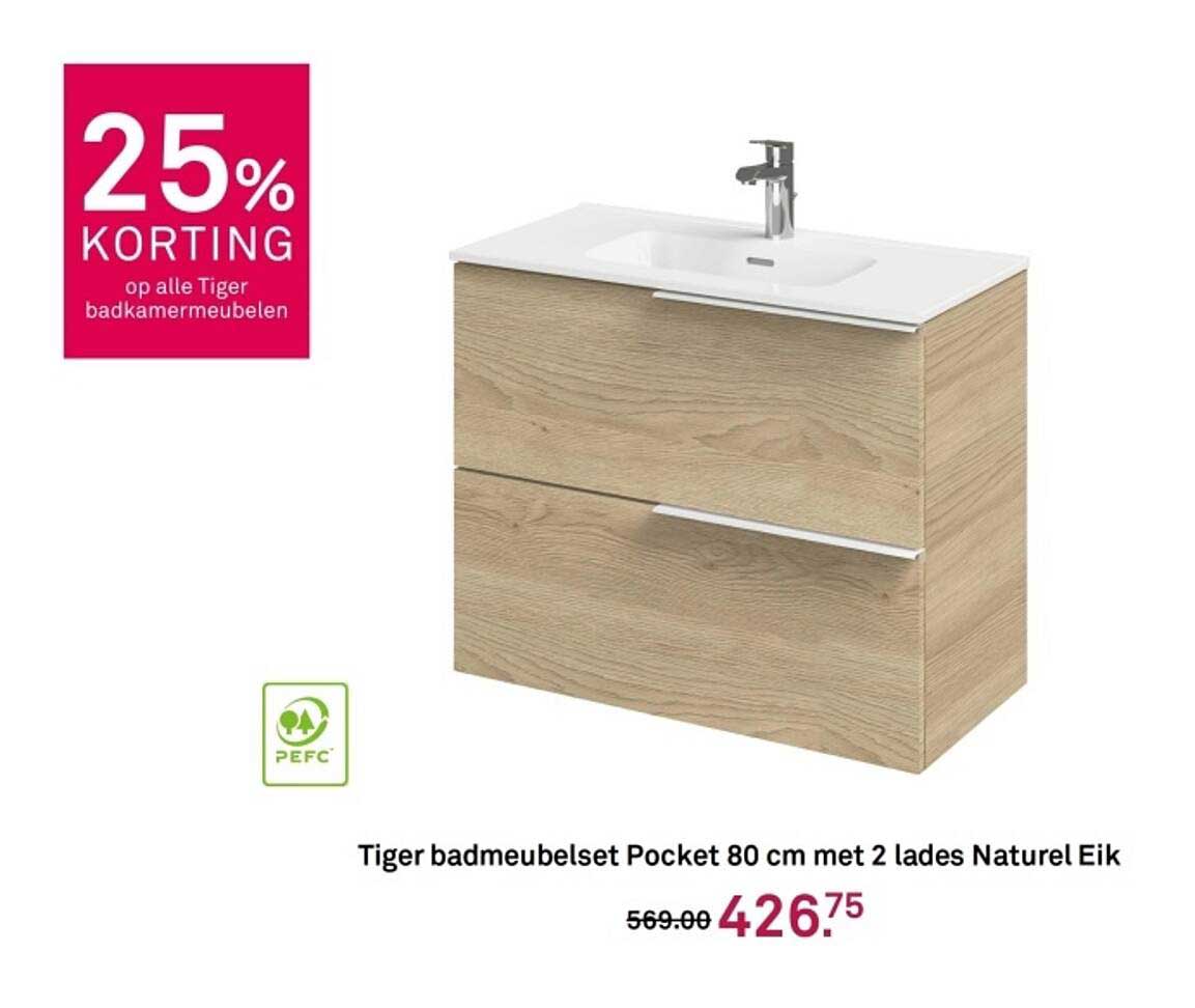 Tiger badmeubelset Pocket 80 cm met 2 lades Naturel Eik