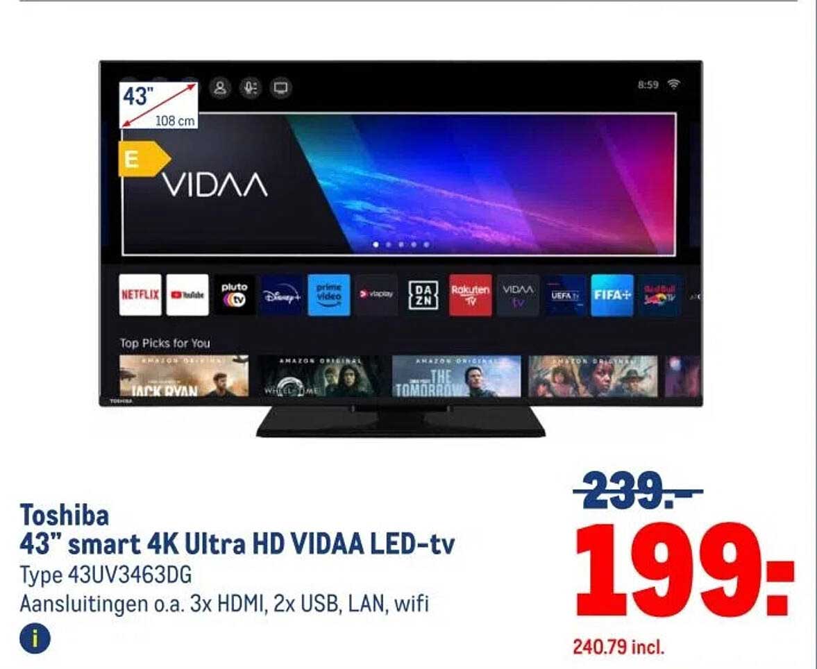 Toshiba 43” smart 4K Ultra HD VIDAA LED-tv