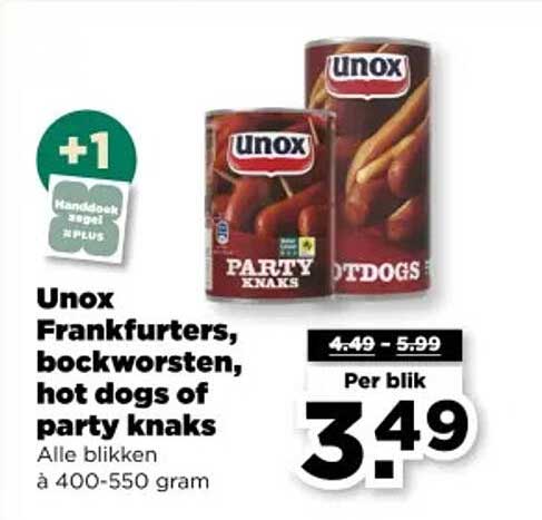 Unox Frankfurters, bockworsten, hot dogs of party knaks