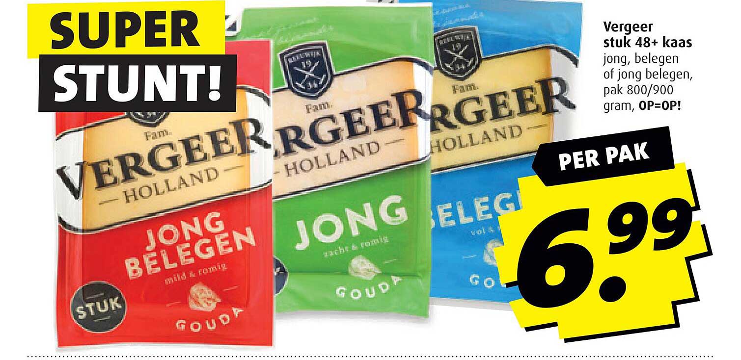 Vergeer stuk 48+ kaas jong, belegen of jong belegen, pak 800/900 gram, OP=OP!