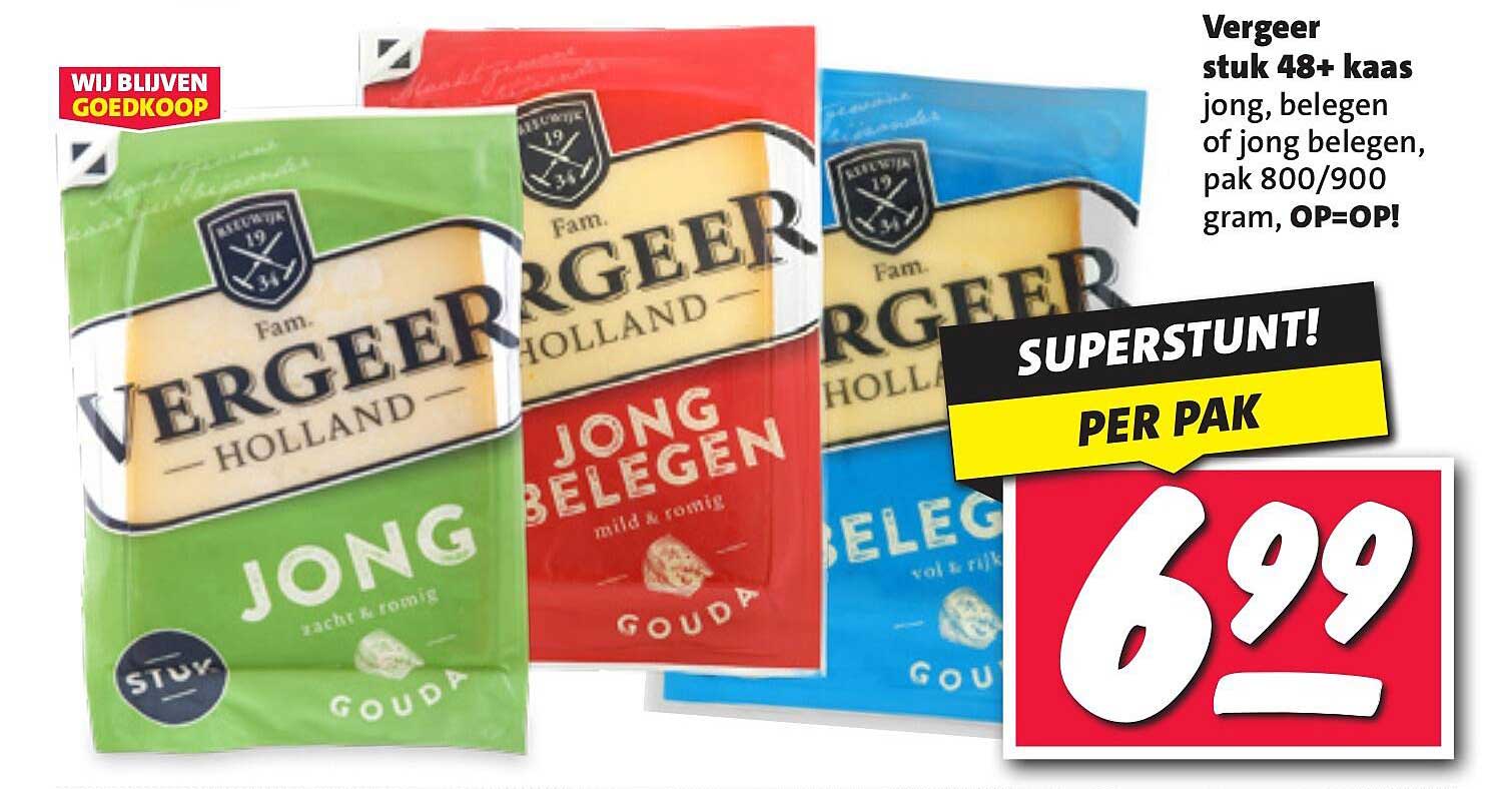 Vergeer stuk 48+ kaas jong, belegen of jong belegen, pak 800/900 gram, OP=OP!