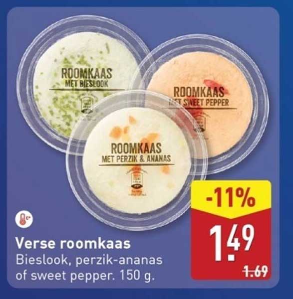 Verse roomkaas Bieslook, perzik-ananas of sweet pepper. 150 g.