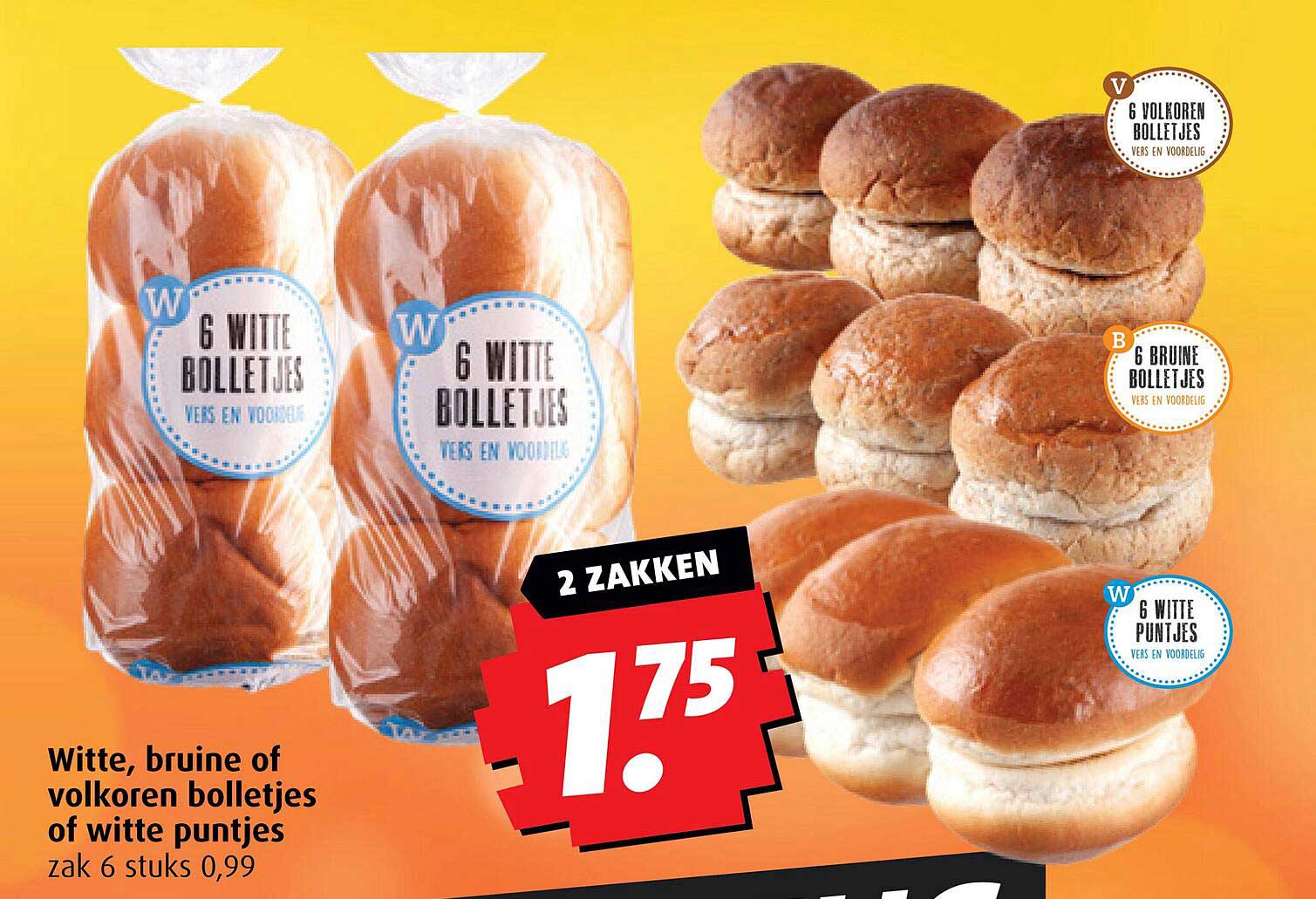 Witte, bruine of volkoren bolletjes of witte puntjes zak 6 stuks 0,99