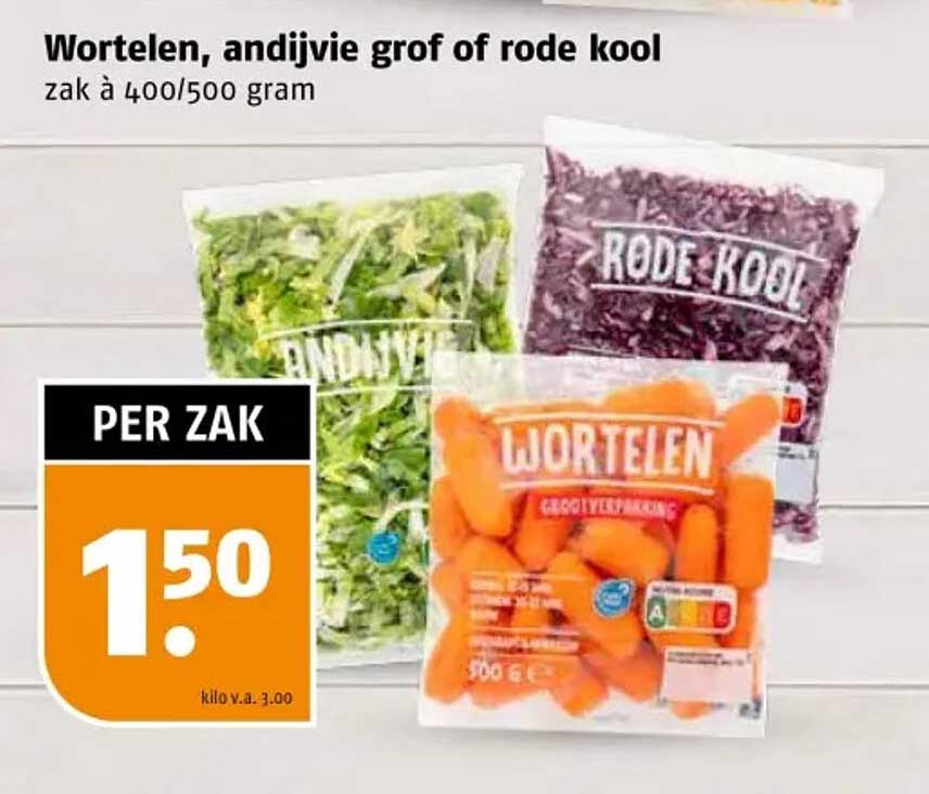 Wortelen, andijvie grof of rode kool zak à 400/500 gram