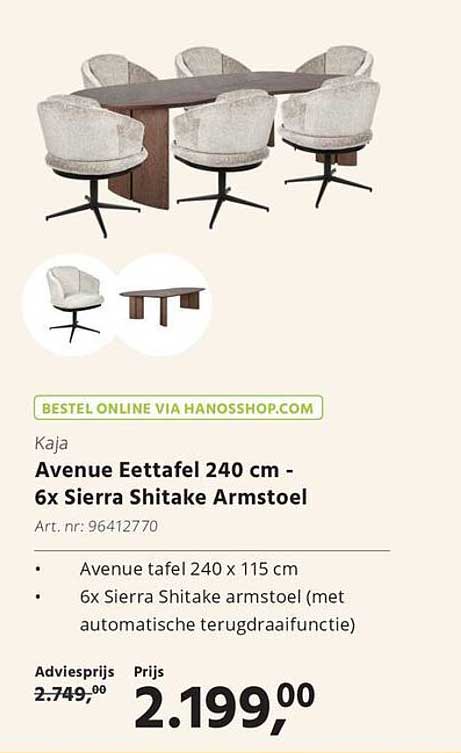 Avenue Eettafel 240 cm - 6x Sierra Shitake Armstoel