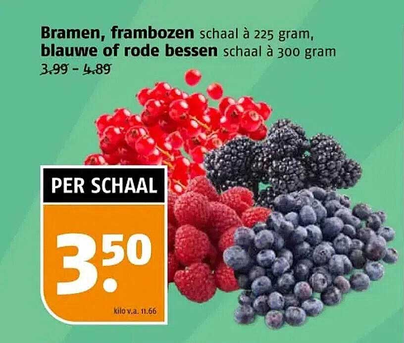 Bramen, frambozen schaal à 225 gram, blauwe of rode bessen schaal à 300 gram