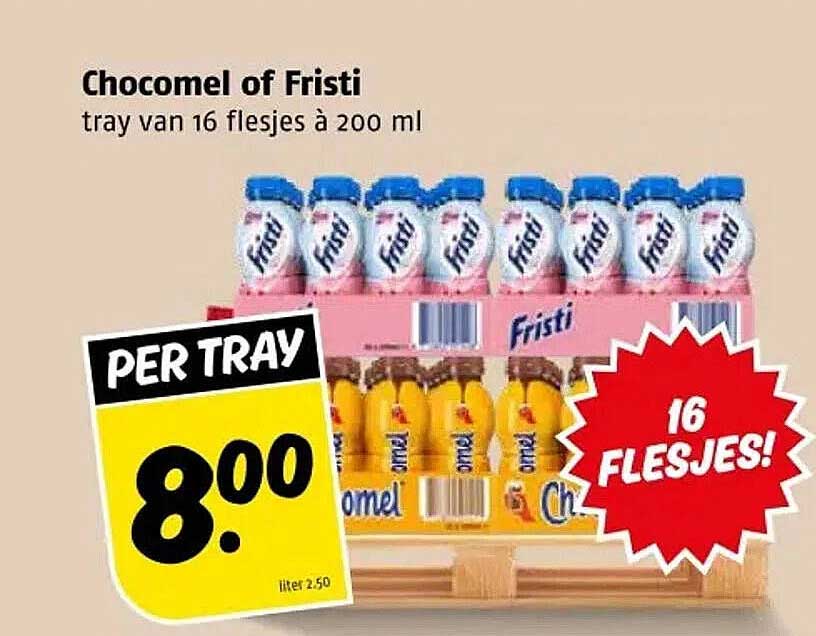 Chocomel of Fristi tray van 16 flesjes à 200 ml