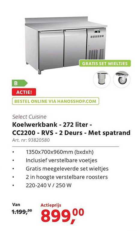 Koelwerkbank - 272 liter - CC2200 - RVS - 2 Deurs - Met spatrand