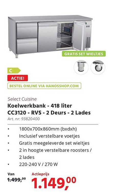 Koelwerkbank - 418 liter CC3120 - RVS - 2 Deurs - 2 Lades