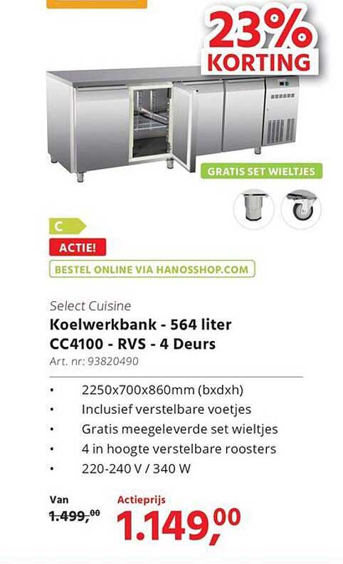Koelwerkbank - 564 liter CC4100 - RVS - 4 Deurs