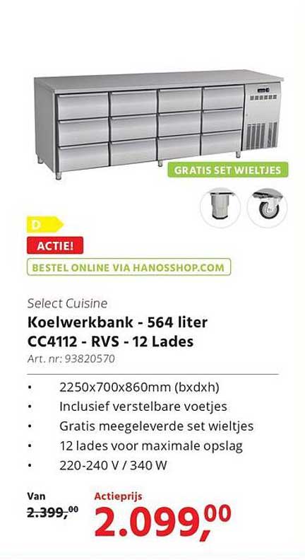 Koelwerkbank - 564 liter CC4112 - RVS - 12 Lades