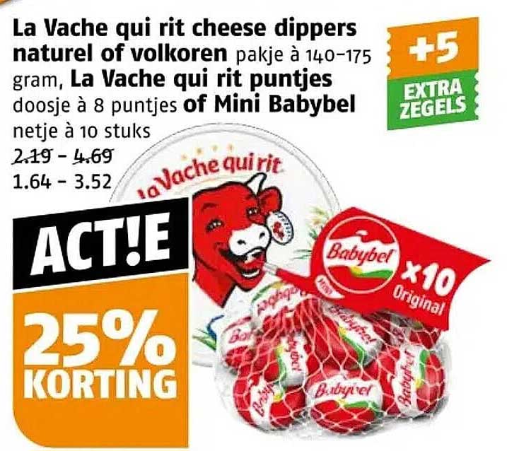 La Vache qui rit cheese dippers natuur of volkoren pakje à 140-175 gram, La Vache qui rit puntjes doosje à 8 puntjes of Mini Babybel netje à 10 stuks