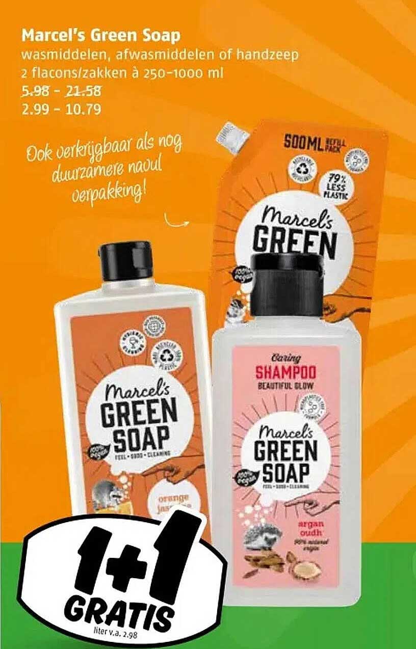 Marcel's Green Soap wasmiddelen, afwasmiddelen of handzeep 2 flacons/zakken à 250-1000 ml