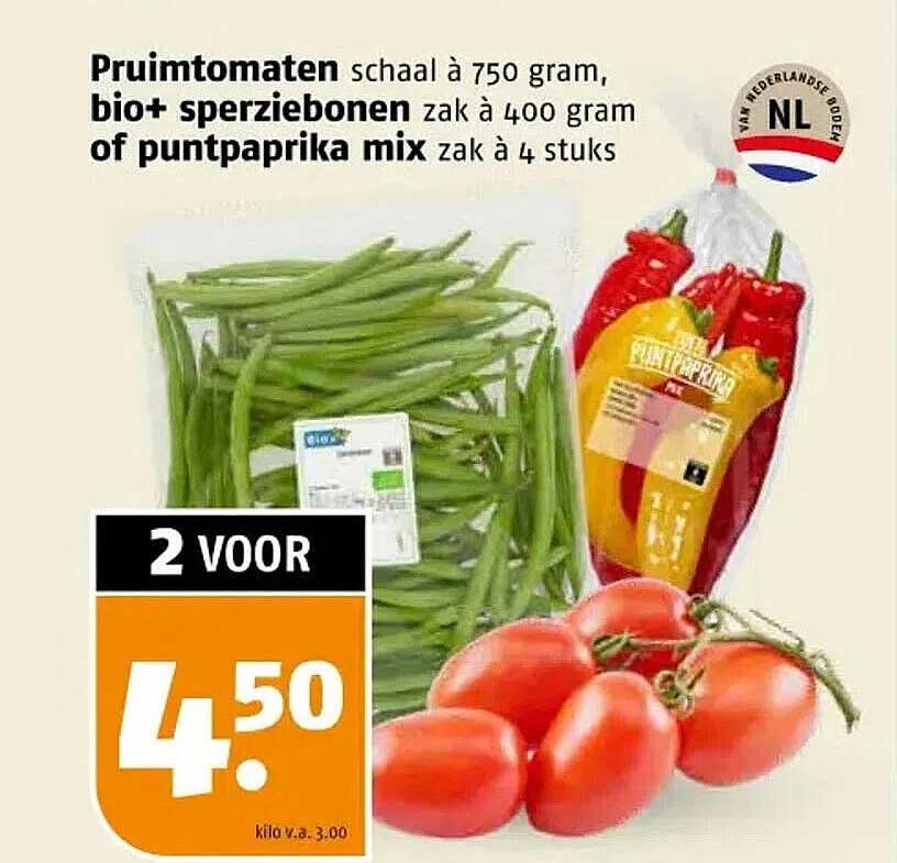 Pruimtomaten schaal à 750 gram, bio+ sperziebonen zak à 400 gram of puntpaprika mix zak à 4 stuks