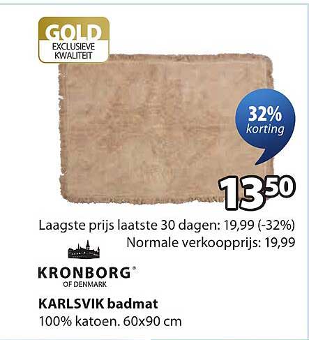 KRONBORG KARLSVIK badmat 100% katoen. 60x90 cm