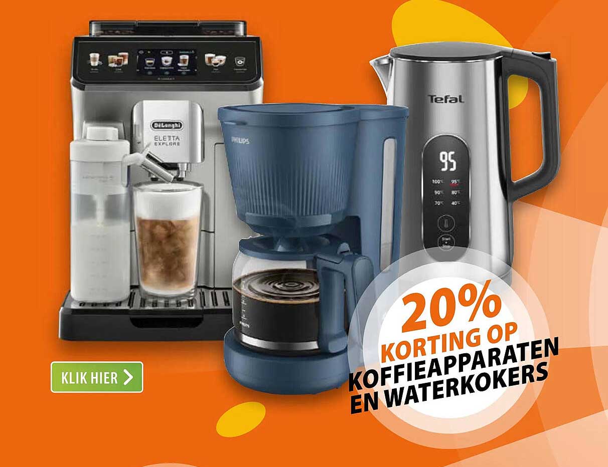 20% korting op koffieapparaten en waterkokers