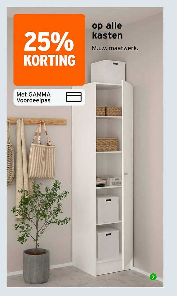 25% korting op alle kasten M.u.v. maatwerk. Met GAMMA Voordeelpas