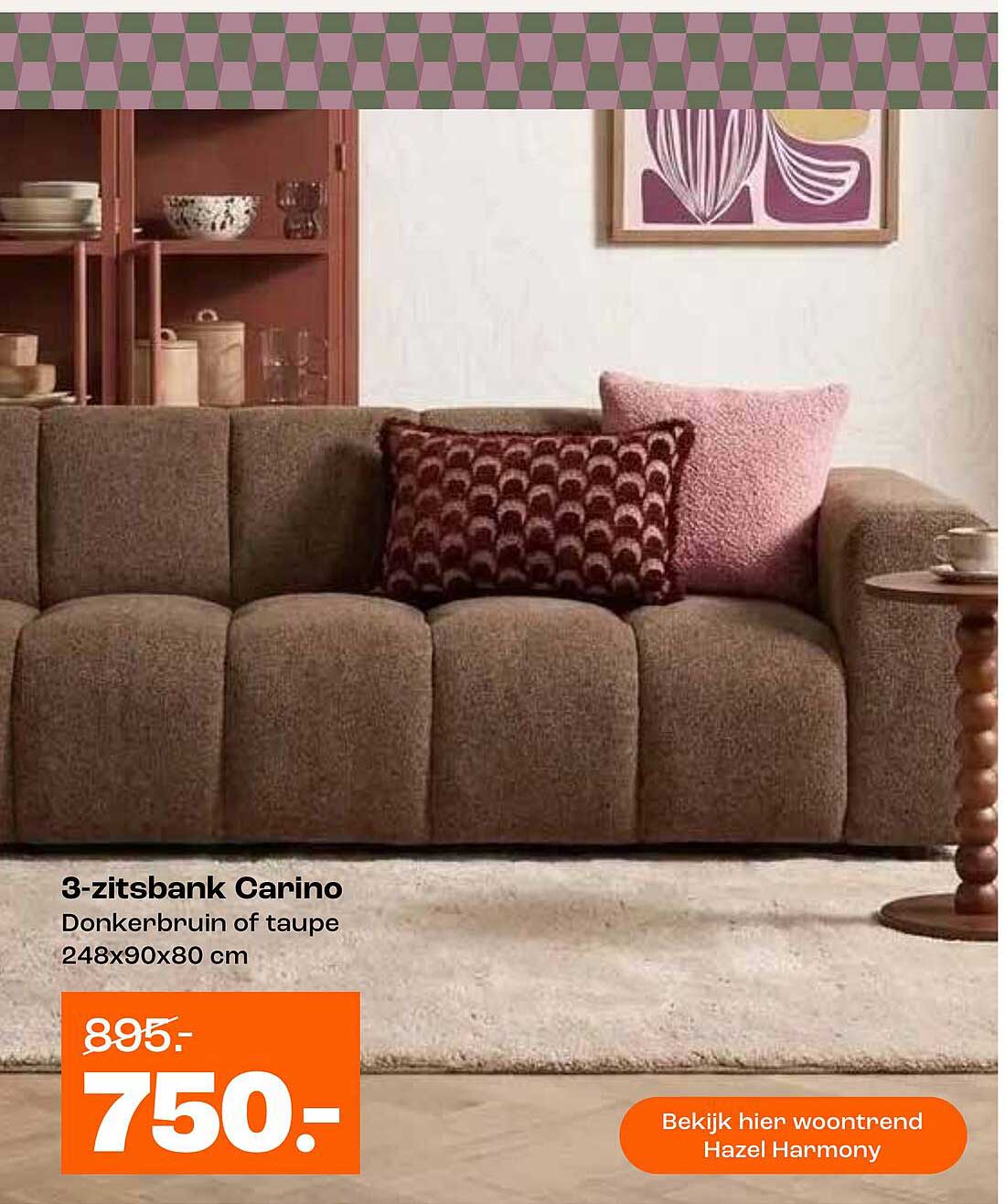 3-zitsbank Carino Donkerbruin of taupe 248x90x80 cm