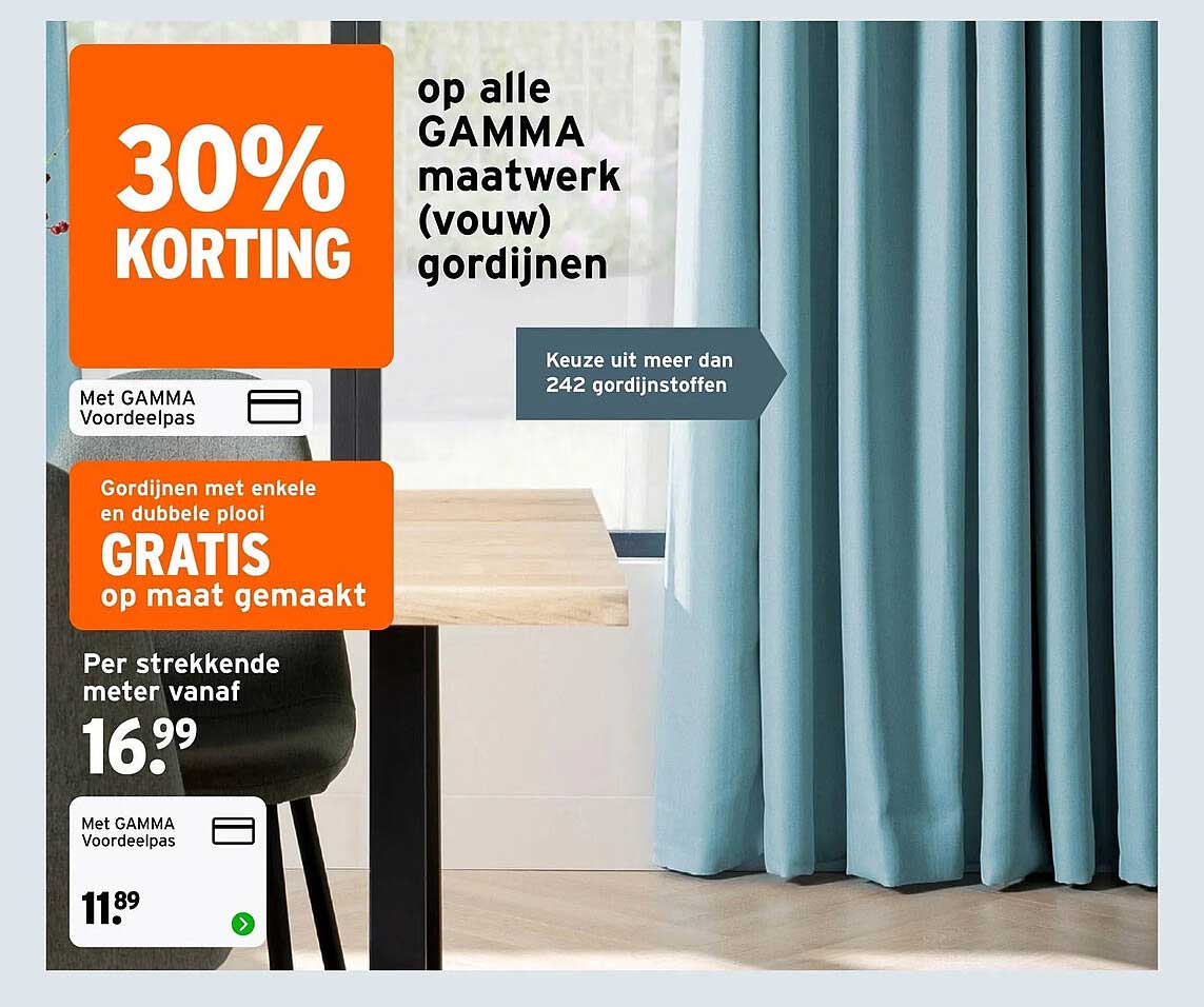 30% korting op alle GAMMA maatwerk (vouw) gordijnen
