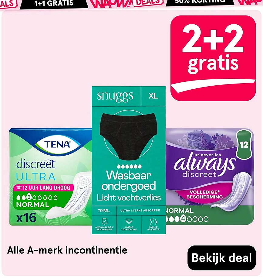 Alle A-merk incontinentie 2+2 gratis