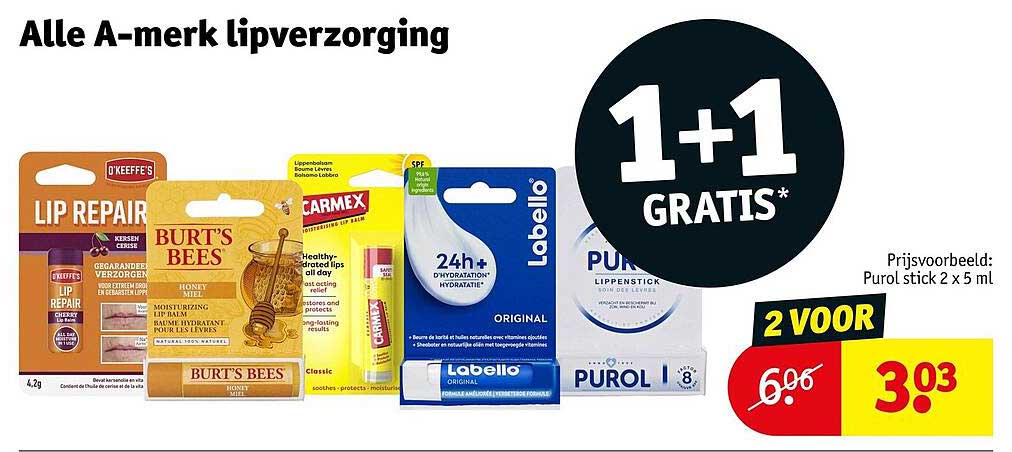 Alle A-merk lipverzorging 1+1 GRATIS*