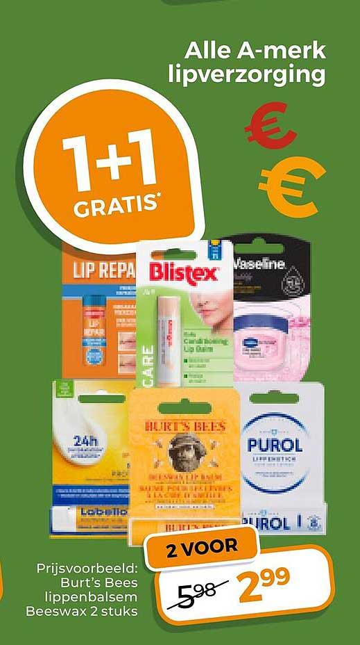 Alle A-merk lipverzorging 1+1 GRATIS*