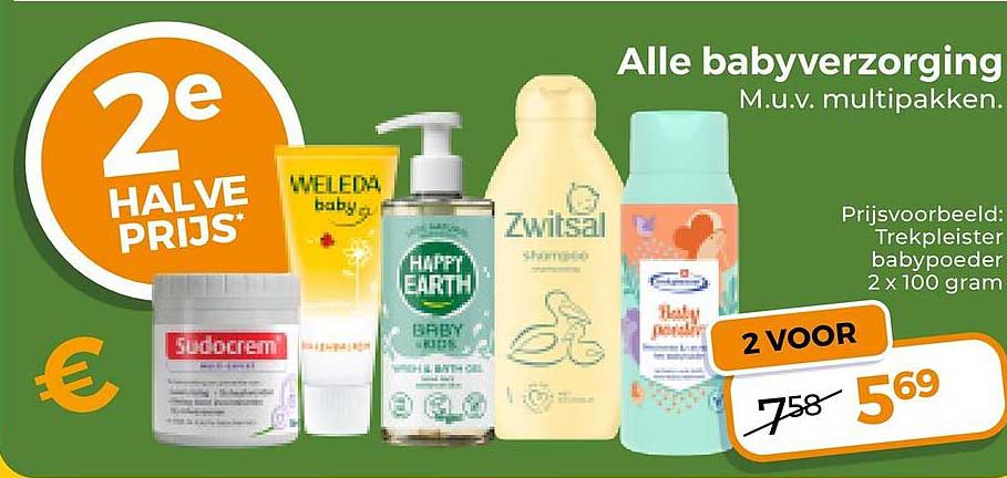 Alle babyverzorging M.u.v. multipakken. 2e halve prijs