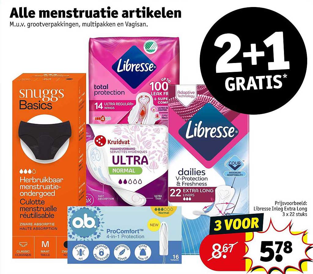 Alle menstruatie artikelen 2+1 GRATIS*