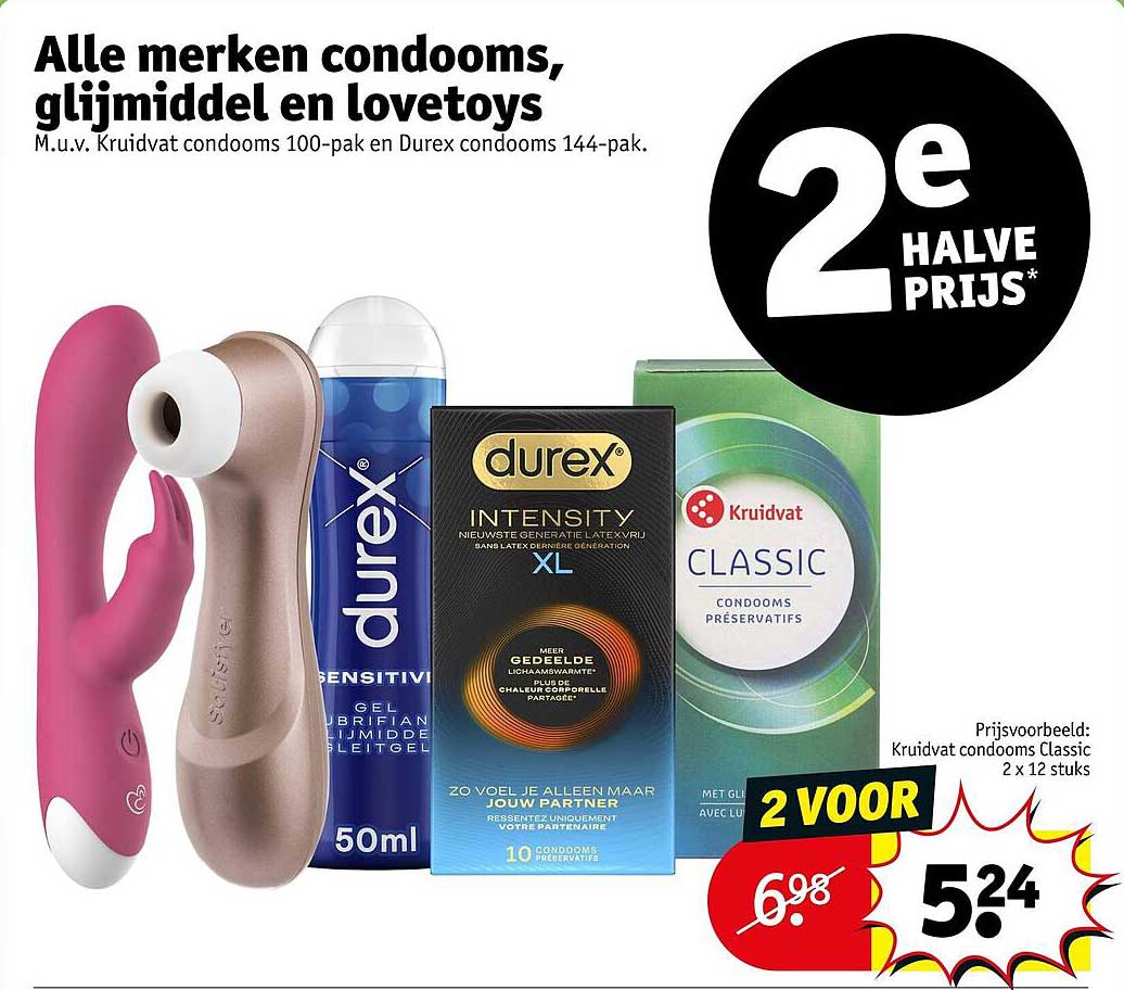 Alle merken condooms, glijmiddel en lovetoys 2e halve prijs
