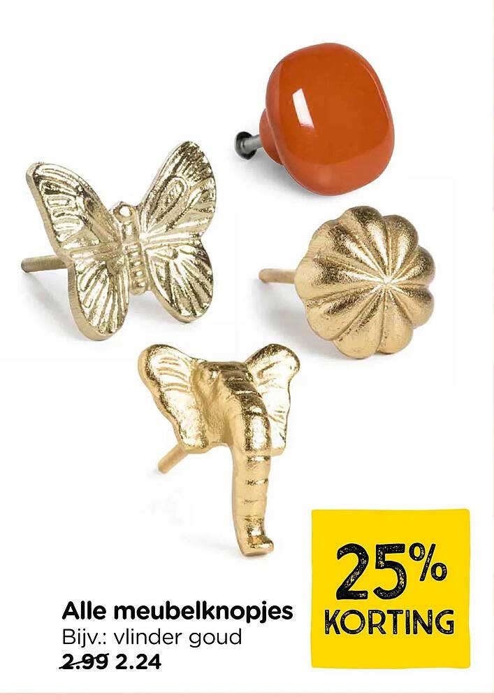 Alle meubelknopjes Bijv.: vlinder goud 25% KORTING