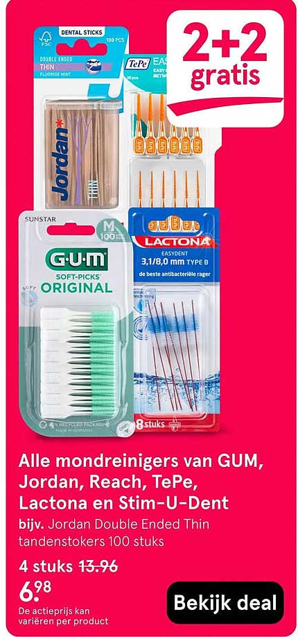 Alle mondreinigers van GUM, Jordan, Reach, TePe, Lactona en Stim-U-Dent 2+2 gratis