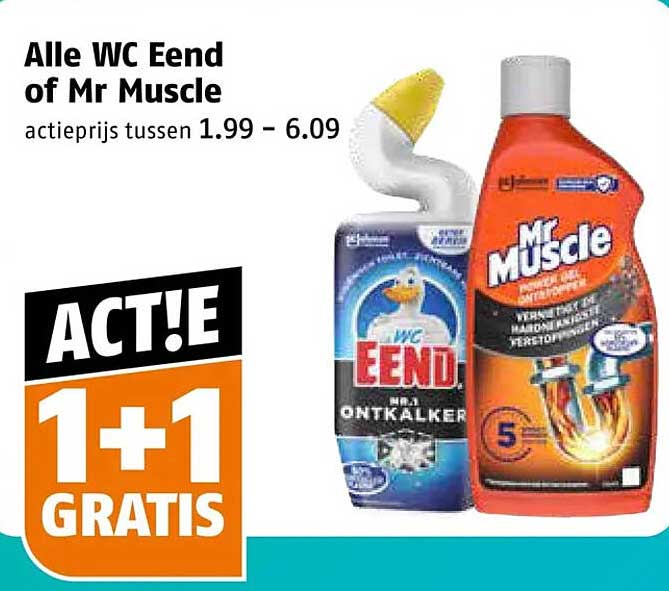 Alle WC Eend of Mr Muscle 1+1 gratis
