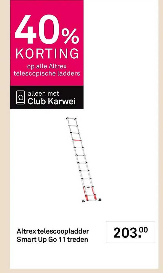Altrex telescoopladder Smart Up Go 11 treden 40% KORTING op alle Altrex telescopische ladders alleen met Club Karwei