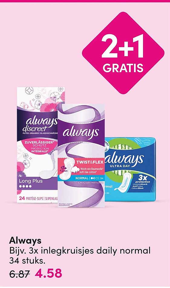 Always Bijv. 3x inlegkruisjes daily normal 34 stuks 2+1 gratis